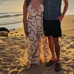 Elegant White and Brown Maxi Dress
